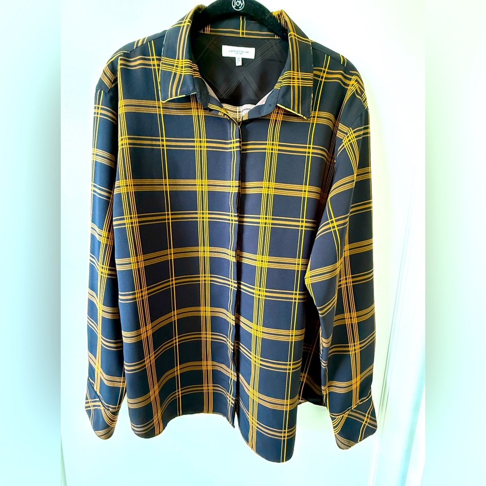 Lafayette 148 Orange and Black Plaid Button-Up Shirt